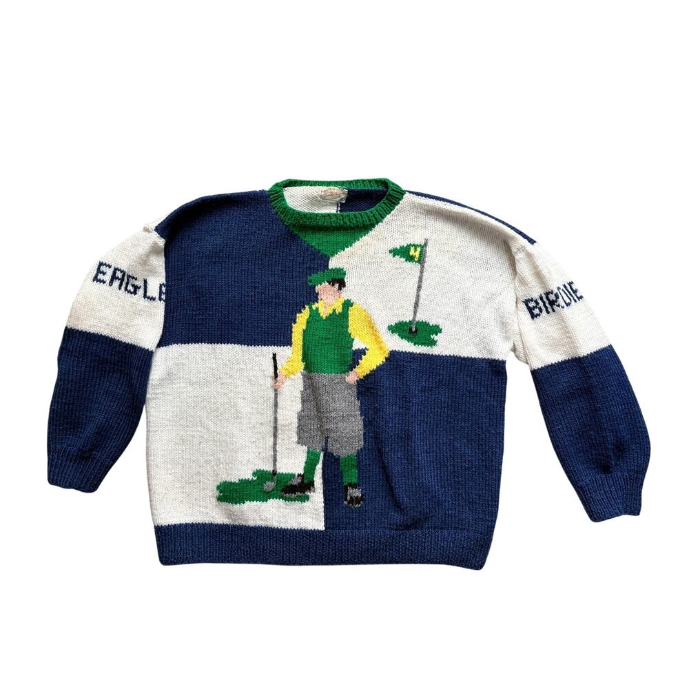 Vintage Handmade Golf Sweater Men's Large Colorblock Novelty Knit Birdie Eagle